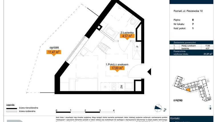 Rzut - Mieszkanie na sprzedaż 1 pokój o powierzchni 21,57 m² - numer B.0.7 w ŁACINA SPOT - apartamenty inwestycyjne
