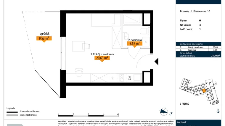 Rzut - Mieszkanie na sprzedaż 1 pokój o powierzchni 24,2 m² - numer B.0.4 w ŁACINA SPOT - apartamenty inwestycyjne