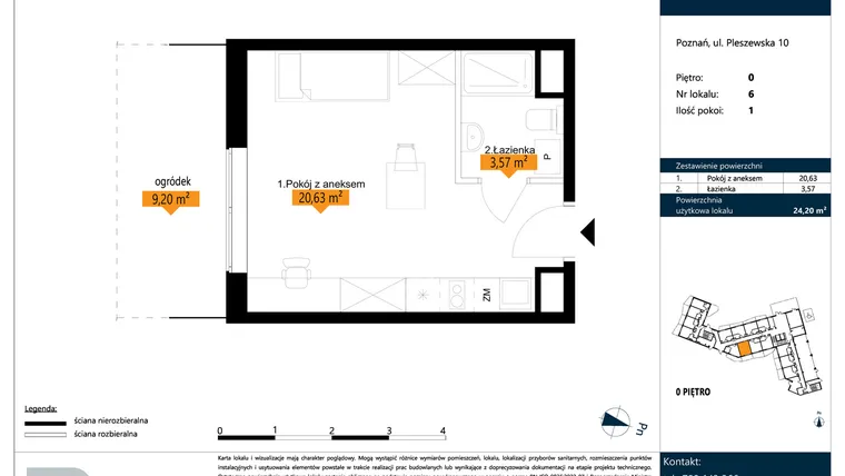 Rzut - Mieszkanie na sprzedaż 1 pokój o powierzchni 24,2 m² - numer B.0.6 w ŁACINA SPOT - apartamenty inwestycyjne