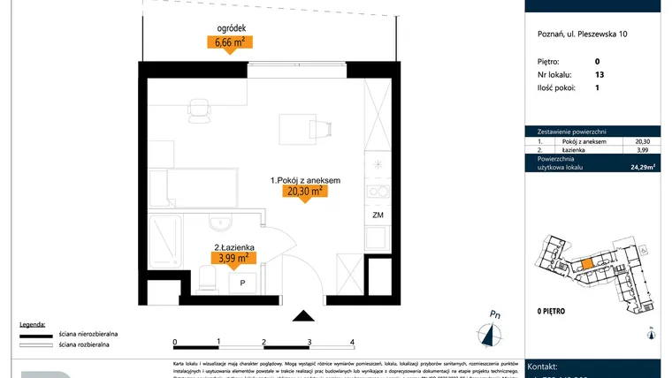 Rzut - Mieszkanie na sprzedaż 1 pokój o powierzchni 24,29 m² - numer B.0.13 w ŁACINA SPOT - apartamenty inwestycyjne