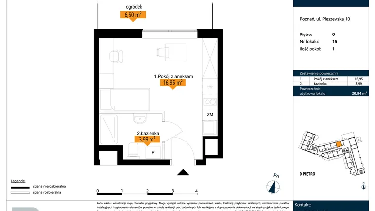 Rzut - Mieszkanie na sprzedaż 1 pokój o powierzchni 20,94 m² - numer B.0.15 w ŁACINA SPOT - apartamenty inwestycyjne