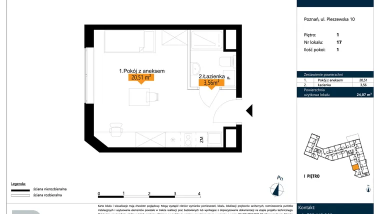 Rzut - Mieszkanie na sprzedaż 1 pokój o powierzchni 24,07 m² - numer B.1.17 w ŁACINA SPOT - apartamenty inwestycyjne