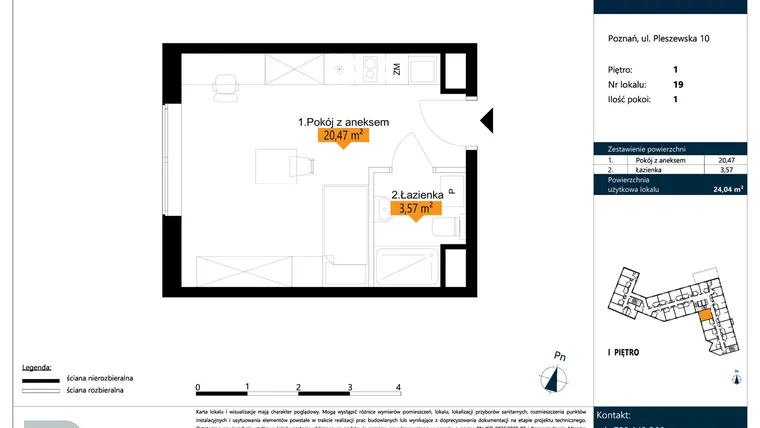 Rzut - Mieszkanie na sprzedaż 1 pokój o powierzchni 24,04 m² - numer B.1.19 w ŁACINA SPOT - apartamenty inwestycyjne