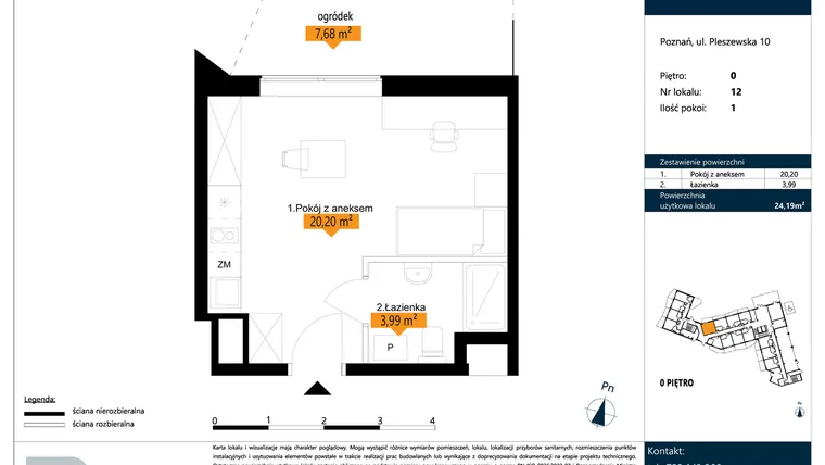 Rzut - Mieszkanie na sprzedaż 1 pokój o powierzchni 24,19 m² - numer B.0.12 w ŁACINA SPOT - apartamenty inwestycyjne