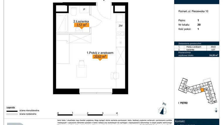 Rzut - Mieszkanie na sprzedaż 1 pokój o powierzchni 24,2 m² - numer B.1.20 w ŁACINA SPOT - apartamenty inwestycyjne
