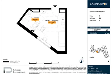Rzut - Mieszkanie na sprzedaż 1 pokój o powierzchni 21,55 m² - numer B.1.23 w ŁACINA SPOT - apartamenty inwestycyjne