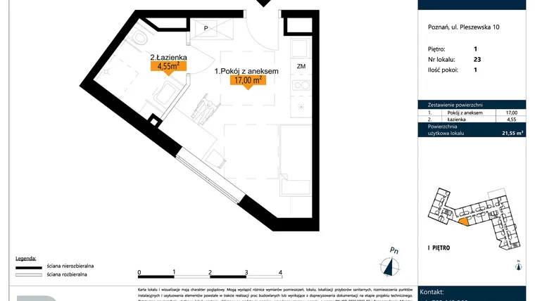 Rzut - Mieszkanie na sprzedaż 1 pokój o powierzchni 21,55 m² - numer B.1.23 w ŁACINA SPOT - apartamenty inwestycyjne