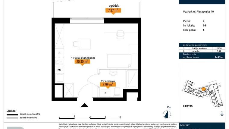 Rzut - Mieszkanie na sprzedaż 1 pokój o powierzchni 24,29 m² - numer B.0.14 w ŁACINA SPOT - apartamenty inwestycyjne