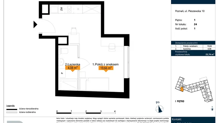 Rzut - Mieszkanie na sprzedaż 1 pokój o powierzchni 23,74 m² - numer B.1.24 w ŁACINA SPOT - apartamenty inwestycyjne