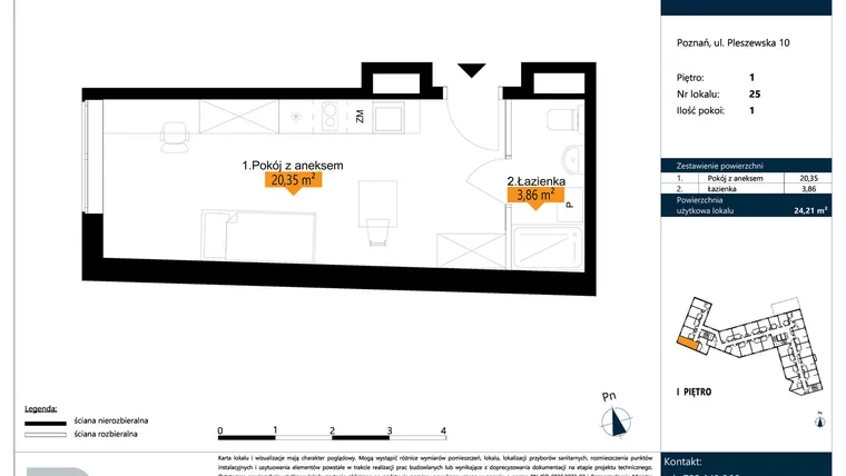 Rzut - Mieszkanie na sprzedaż 1 pokój o powierzchni 24,21 m² - numer B.1.25 w ŁACINA SPOT - apartamenty inwestycyjne