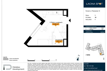 Rzut - Mieszkanie na sprzedaż 1 pokój o powierzchni 19,1 m² - numer B.1.16 w ŁACINA SPOT - apartamenty inwestycyjne