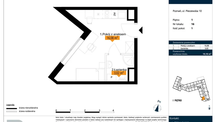 Rzut - Mieszkanie na sprzedaż 1 pokój o powierzchni 19,1 m² - numer B.1.16 w ŁACINA SPOT - apartamenty inwestycyjne