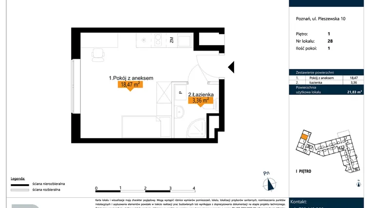 Rzut - Mieszkanie na sprzedaż 1 pokój o powierzchni 21,83 m² - numer B.1.28 w ŁACINA SPOT - apartamenty inwestycyjne