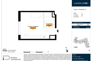 Rzut - Mieszkanie na sprzedaż 1 pokój o powierzchni 22,6 m² - numer B.1.27 w ŁACINA SPOT - apartamenty inwestycyjne