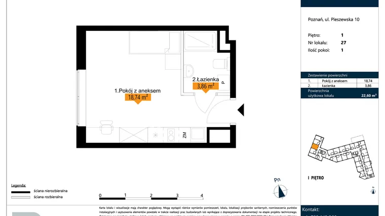 Rzut - Mieszkanie na sprzedaż 1 pokój o powierzchni 22,6 m² - numer B.1.27 w ŁACINA SPOT - apartamenty inwestycyjne
