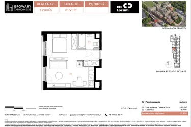 Rzut - Mieszkanie na sprzedaż 1 pokój o powierzchni 31,91 m² - numer B2.1 w Browary Tarnowskie etap 1