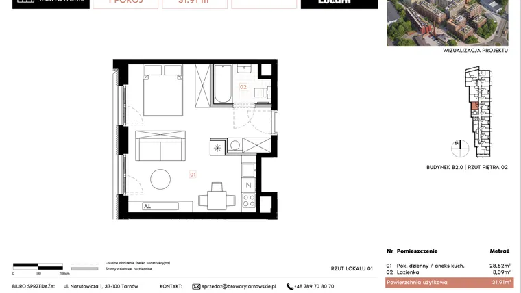 Rzut - Mieszkanie na sprzedaż 1 pokój o powierzchni 31,91 m² - numer B2.1 w Browary Tarnowskie etap 1