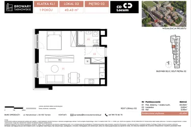 Rzut - Mieszkanie na sprzedaż 1 pokój o powierzchni 40,43 m² - numer B2.2 w Browary Tarnowskie etap 1