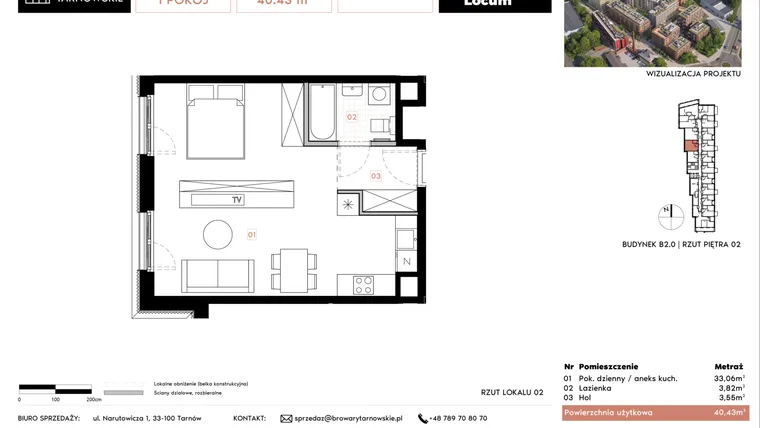 Rzut - Mieszkanie na sprzedaż 1 pokój o powierzchni 40,43 m² - numer B2.2 w Browary Tarnowskie etap 1