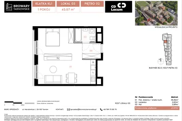 Rzut - Mieszkanie na sprzedaż 1 pokój o powierzchni 43,57 m² - numer B2.3 w Browary Tarnowskie etap 1