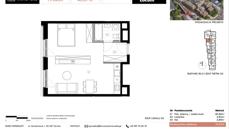 Rzut - Mieszkanie na sprzedaż 1 pokój o powierzchni 43,57 m² - numer B2.3 w Browary Tarnowskie etap 1
