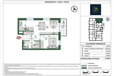 Rzut - Mieszkanie na sprzedaż 2 pokoje o powierzchni 37,48 m² - numer 2 w Osiedle przy Sportowej etap III