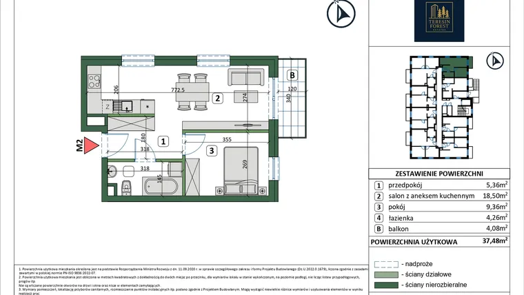 Rzut - Mieszkanie na sprzedaż 2 pokoje o powierzchni 37,48 m² - numer 2 w Osiedle przy Sportowej etap III