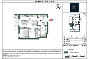 Rzut - Mieszkanie na sprzedaż 2 pokoje o powierzchni 36,35 m² - numer 5 w Osiedle przy Sportowej etap III