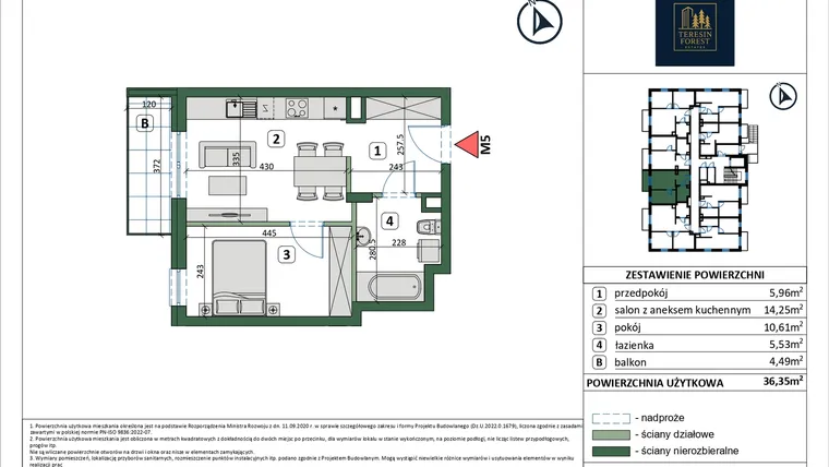 Rzut - Mieszkanie na sprzedaż 2 pokoje o powierzchni 36,35 m² - numer 5 w Osiedle przy Sportowej etap III