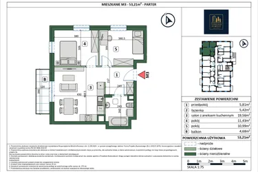 Rzut - Mieszkanie na sprzedaż 3 pokoje o powierzchni 53,21 m² - numer 3 w Osiedle przy Sportowej etap III