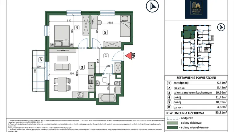 Rzut - Mieszkanie na sprzedaż 3 pokoje o powierzchni 53,21 m² - numer 3 w Osiedle przy Sportowej etap III