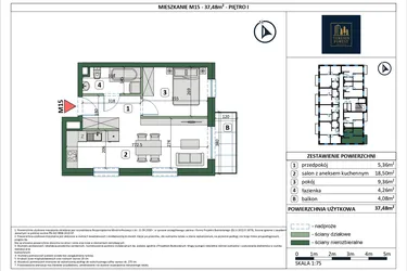 Rzut - Mieszkanie na sprzedaż 2 pokoje o powierzchni 36,11 m² - numer 15 w Osiedle przy Sportowej etap III