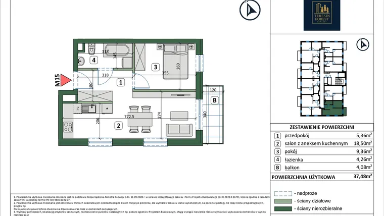 Rzut - Mieszkanie na sprzedaż 2 pokoje o powierzchni 36,11 m² - numer 15 w Osiedle przy Sportowej etap III