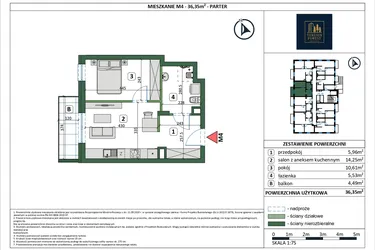 Rzut - Mieszkanie na sprzedaż 2 pokoje o powierzchni 36,35 m² - numer 4 w Osiedle przy Sportowej etap III