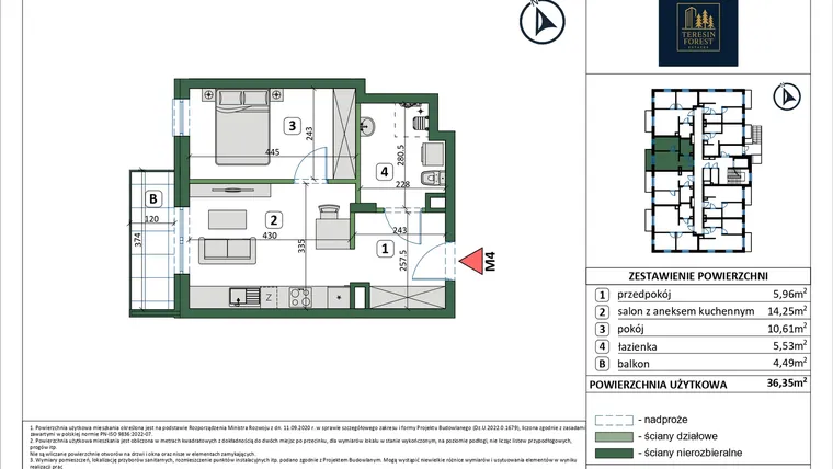 Rzut - Mieszkanie na sprzedaż 2 pokoje o powierzchni 36,35 m² - numer 4 w Osiedle przy Sportowej etap III