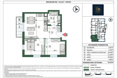Rzut - Mieszkanie na sprzedaż 3 pokoje o powierzchni 53,21 m² - numer 6 w Osiedle przy Sportowej etap III