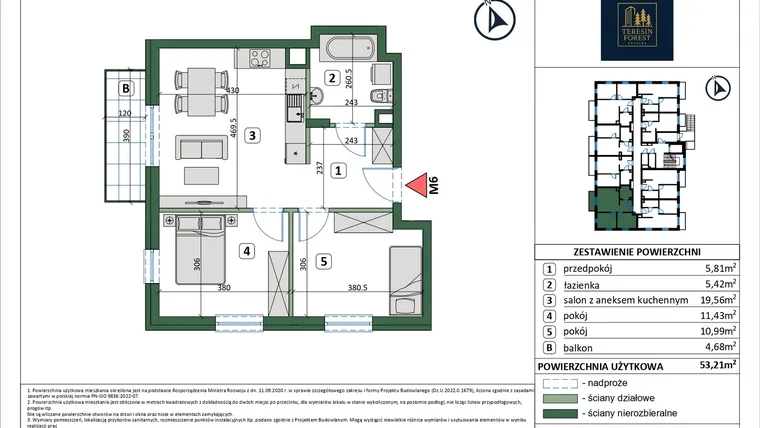 Rzut - Mieszkanie na sprzedaż 3 pokoje o powierzchni 53,21 m² - numer 6 w Osiedle przy Sportowej etap III
