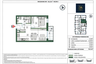 Rzut - Mieszkanie na sprzedaż 2 pokoje o powierzchni 37,48 m² - numer 9 w Osiedle przy Sportowej etap III