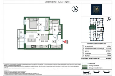 Rzut - Mieszkanie na sprzedaż 2 pokoje o powierzchni 36,35 m² - numer 12 w Osiedle przy Sportowej etap III