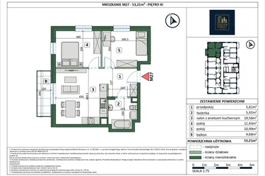 Rzut - Mieszkanie na sprzedaż 3 pokoje o powierzchni 53,21 m² - numer 27 w Osiedle przy Sportowej etap III