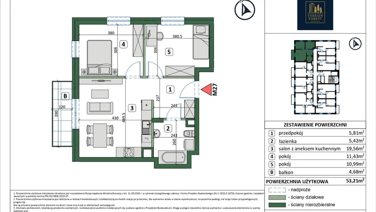 Rzut - Mieszkanie na sprzedaż 3 pokoje o powierzchni 53,21 m² - numer 27 w Osiedle przy Sportowej etap III