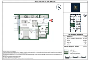 Rzut - Mieszkanie na sprzedaż 2 pokoje o powierzchni 36,35 m² - numer 29 w Osiedle przy Sportowej etap III
