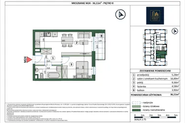 Rzut - Mieszkanie na sprzedaż 2 pokoje o powierzchni 36,11 m² - numer 24 w Osiedle przy Sportowej etap III