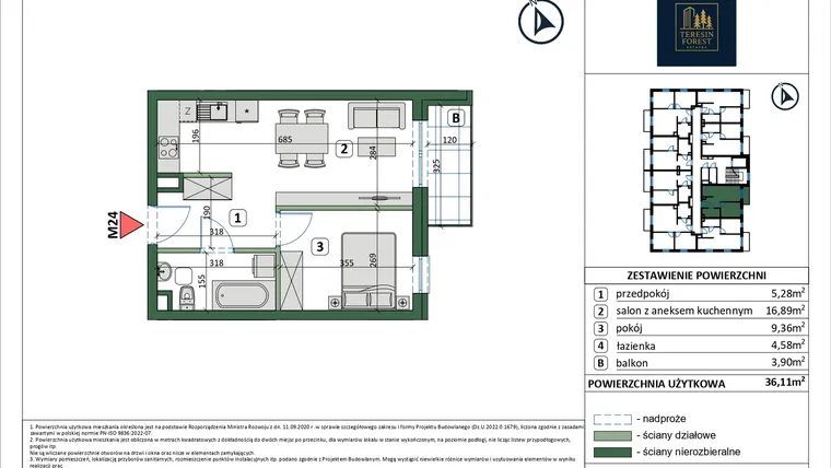 Rzut - Mieszkanie na sprzedaż 2 pokoje o powierzchni 36,11 m² - numer 24 w Osiedle przy Sportowej etap III