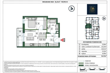Rzut - Mieszkanie na sprzedaż 2 pokoje o powierzchni 36,35 m² - numer 28 w Osiedle przy Sportowej etap III
