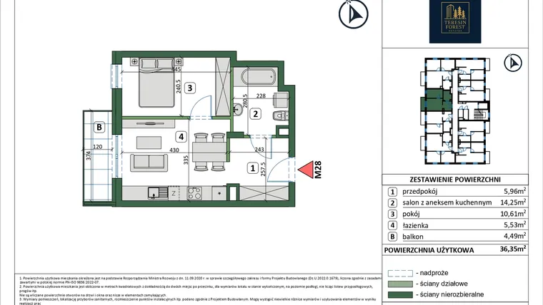 Rzut - Mieszkanie na sprzedaż 2 pokoje o powierzchni 36,35 m² - numer 28 w Osiedle przy Sportowej etap III