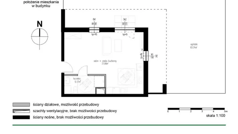 Rzut - Mieszkanie na sprzedaż 1 pokój o powierzchni 36,83 m² - numer M1 w Wędrowna II