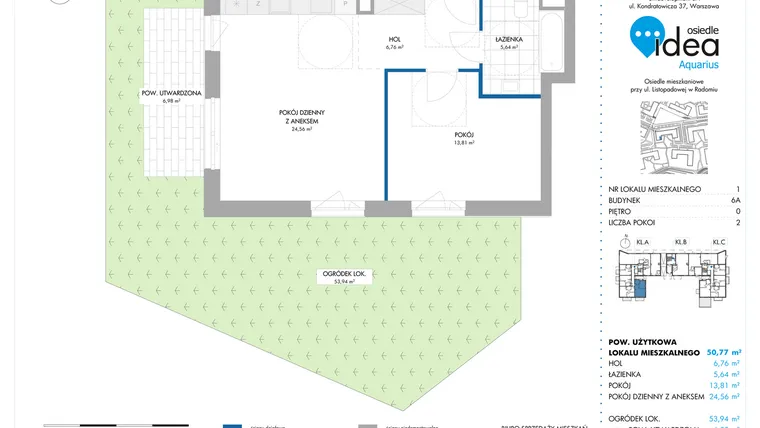 Rzut - Mieszkanie na sprzedaż 2 pokoje o powierzchni 50,77 m² - numer 6A/1 w Osiedle Idea Aquarius