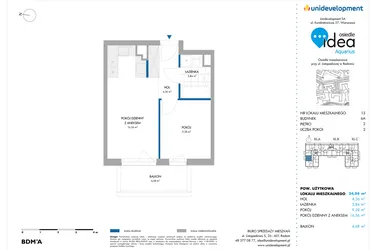 Rzut - Mieszkanie na sprzedaż 2 pokoje o powierzchni 34,04 m² - numer 6A/13 w Osiedle Idea Aquarius