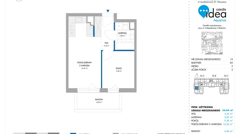 Rzut - Mieszkanie na sprzedaż 2 pokoje o powierzchni 34,04 m² - numer 6A/13 w Osiedle Idea Aquarius